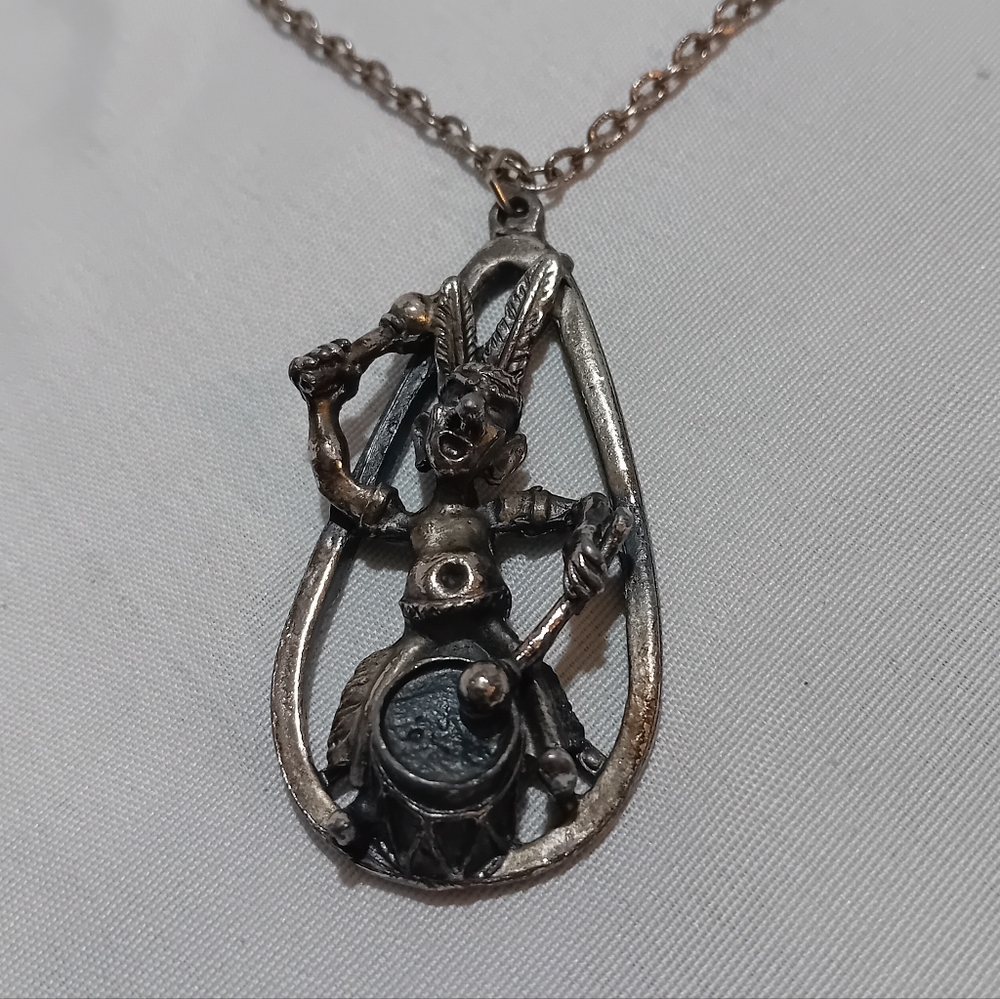 Silver Tone Indian Playing Drums Pendant On A 24" Chain